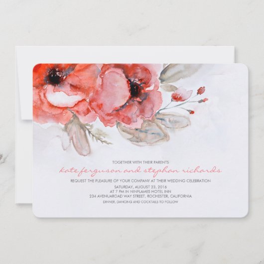 Invitation Fleurs d'aquarelle romantique Mariage lunaire (Devant)