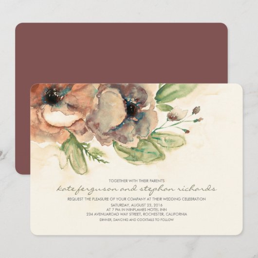 Invitation Fleurs d'aquarelle romantique Mariage rustique Inv (Devant / Derrière)
