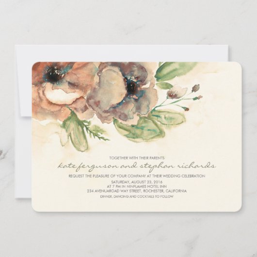 Invitation Fleurs d'aquarelle romantique Mariage rustique Inv (Devant)