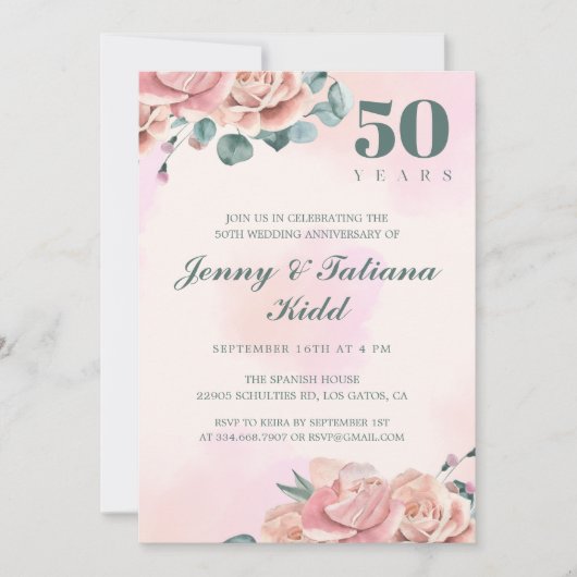 Invitation Fleurs d'aquarelle rose 50e anniversaire de mariag (Devant)