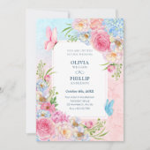 Invitation Fleurs d'aquarelle rose bleu mariage (Devant)