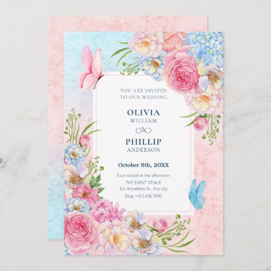 Invitation Fleurs d'aquarelle rose bleu mariage (Devant / Derrière)