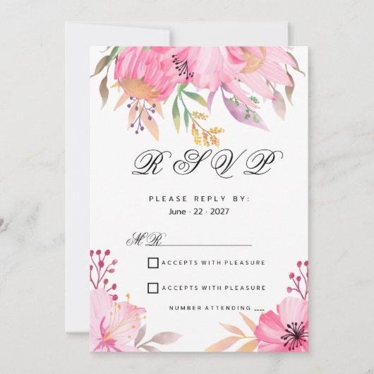 Invitation Fleurs d'aquarelle rose botanique RSVP (Devant)