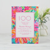 Invitation Fleurs d'aquarelle rose chaud 100e anniversaire (Debout devant)