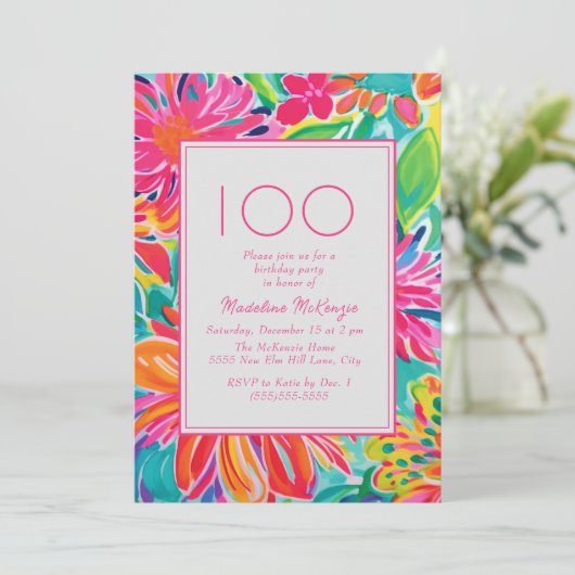 Invitation Fleurs d'aquarelle rose chaud 100e anniversaire (Debout devant)