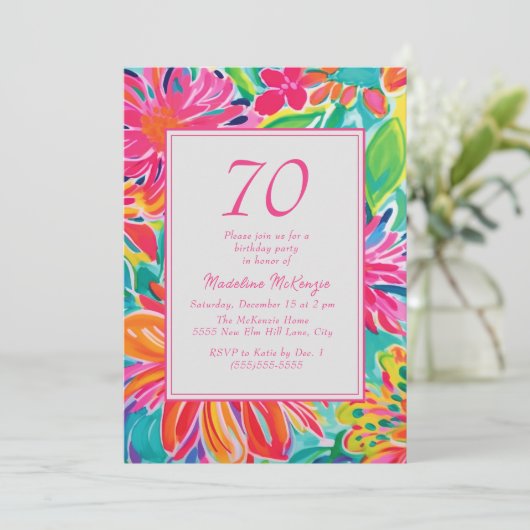 Invitation Fleurs d'aquarelle rose chaud 70e anniversaire (Debout devant)
