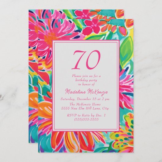 Invitation Fleurs d'aquarelle rose chaud 70e anniversaire (Devant / Derrière)