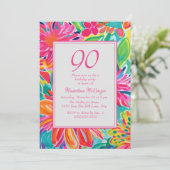 Invitation Fleurs d'aquarelle rose chaud 90e anniversaire (Debout devant)