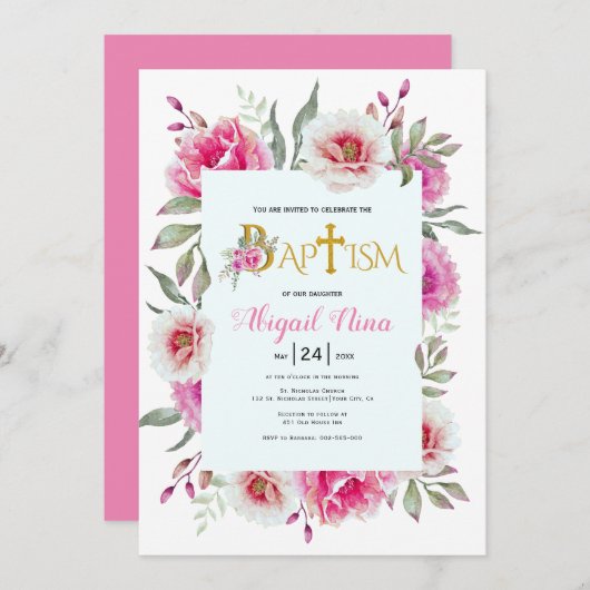 Invitation Fleurs d'aquarelle rose chaud fille baptême floral (Devant / Derrière)