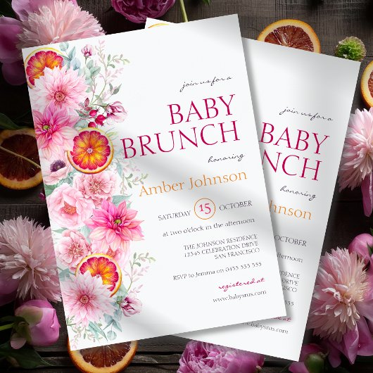 Invitation Fleurs d'aquarelle rose et Baby shower d'agrumes