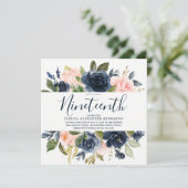 Invitation Fleurs d'aquarelle rose et marine 19e fête d'anniv (Debout devant)