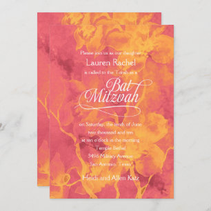 Invitation Fleurs d'aquarelle rose et orange bat mitzvah
