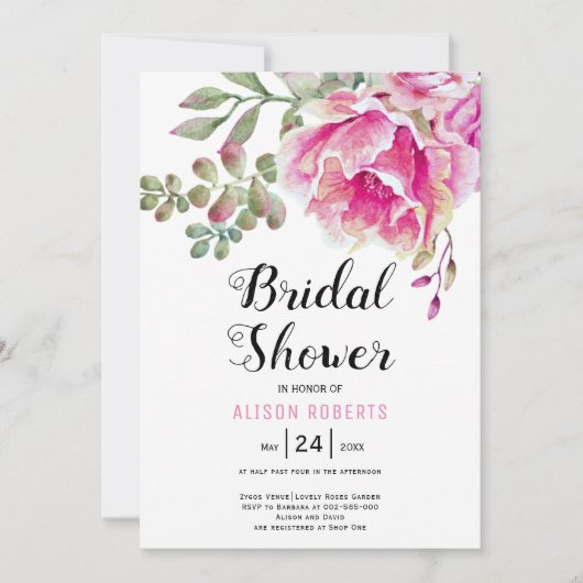 Invitation Fleurs d'aquarelle rose mariage douche nuptiale (Devant)