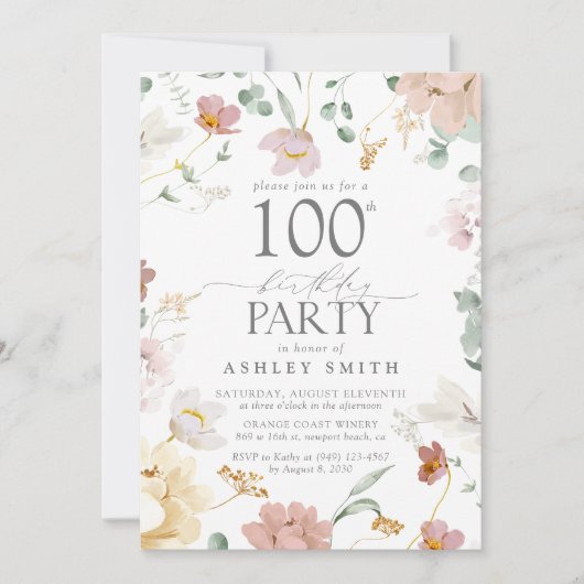 Invitation Fleurs d'aquarelle rose pâle 100e anniversaire (Devant)