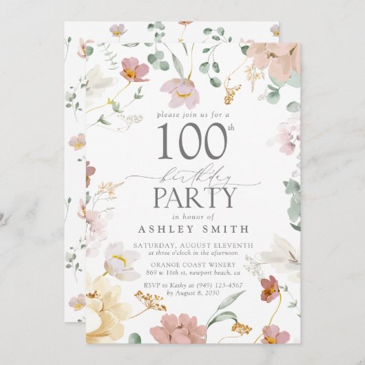 Invitation Fleurs d'aquarelle rose pâle 100e anniversaire (Devant / Derrière)