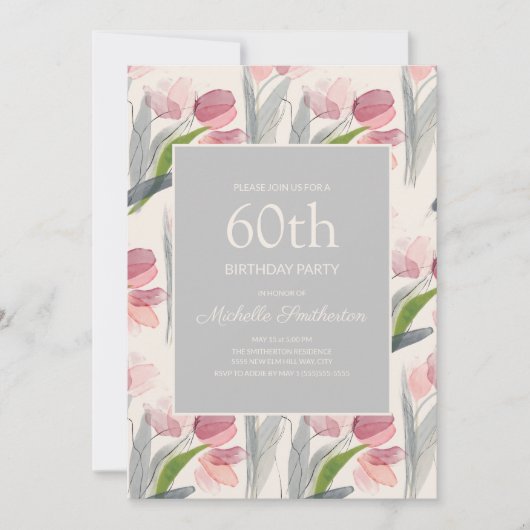 Invitation Fleurs d'aquarelle rose pâle 60e anniversaire (Devant)
