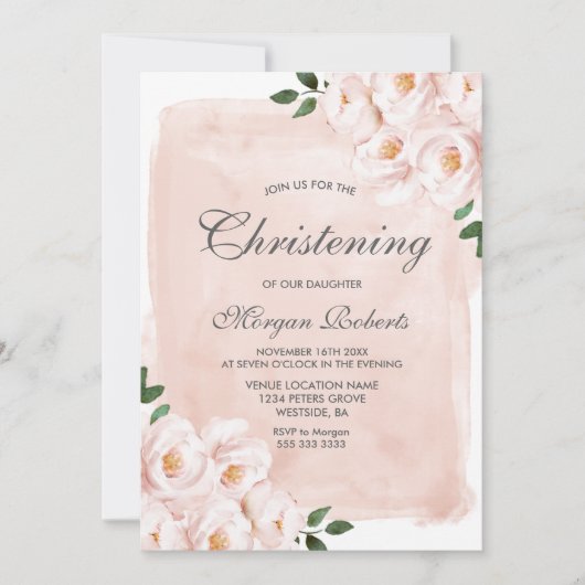 Invitation Fleurs d'aquarelle rose pâle Christening Baptême (Devant)