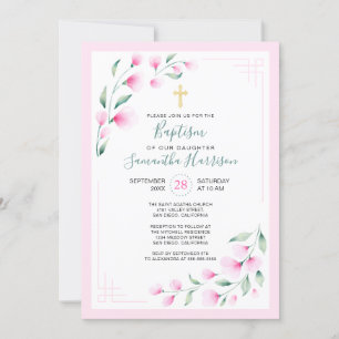 Invitation Fleurs d'aquarelle rose pâle Fille Baptême