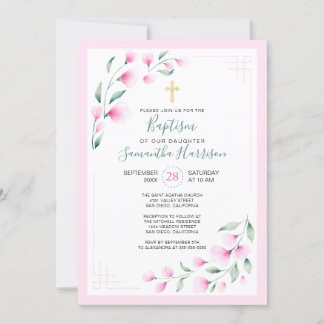 Invitation Fleurs d'aquarelle rose pâle Fille Baptême