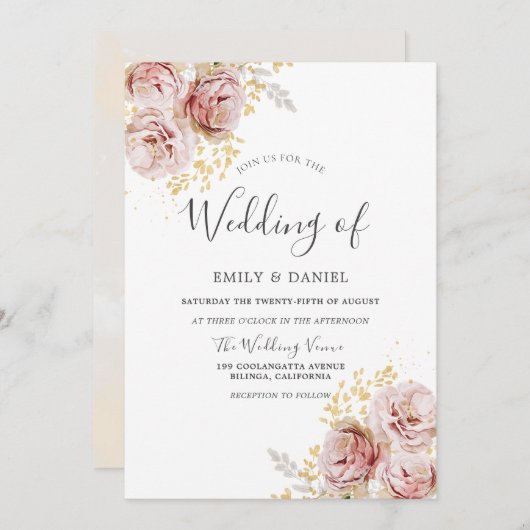 Invitation Fleurs d'aquarelle rose pâle Joli Mariage (Devant / Derrière)