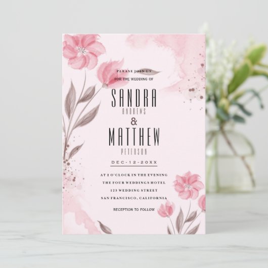 Invitation Fleurs d'aquarelle rose pâle Mariage (Debout devant)