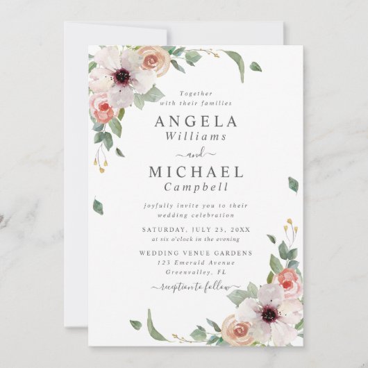 Invitation Fleurs d'aquarelle rose pâle Mariage botanique (Devant)