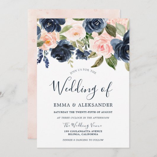 Invitation Fleurs d'aquarelle rose pâle Mariage de marine (Devant / Derrière)