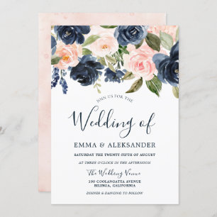 Invitation Fleurs d'aquarelle rose pâle Mariage de marine
