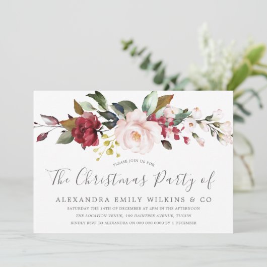 Invitation Fleurs d'aquarelle rose pâle Noël (Debout devant)