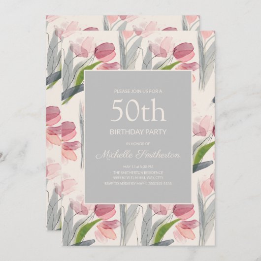 Invitation Fleurs d'aquarelle rose pâle Tulips 50e anniversai (Devant / Derrière)