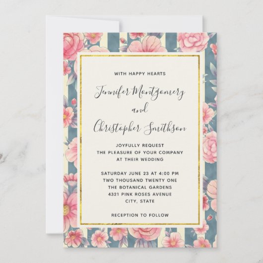 Invitation Fleurs d'aquarelle rose sur Mariage Motif rayé (Devant)