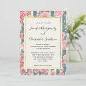 Invitation Fleurs d'aquarelle rose sur Mariage Motif rayé (Debout devant)