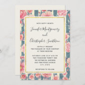 Invitation Fleurs d'aquarelle rose sur Mariage Motif rayé (Devant / Derrière)