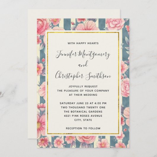 Invitation Fleurs d'aquarelle rose sur Mariage Motif rayé (Devant / Derrière)