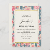 Invitation Fleurs d'aquarelle rose sur rayures Anniversaire (Devant / Derrière)