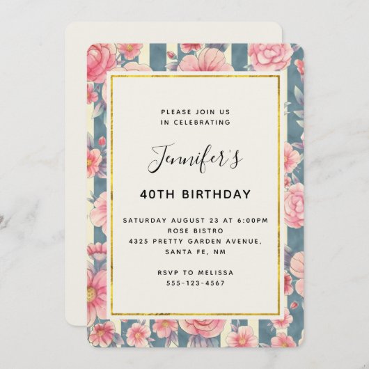 Invitation Fleurs d'aquarelle rose sur rayures Anniversaire (Devant / Derrière)