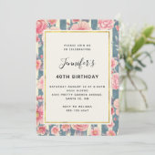 Invitation Fleurs d'aquarelle rose sur rayures Anniversaire (Debout devant)