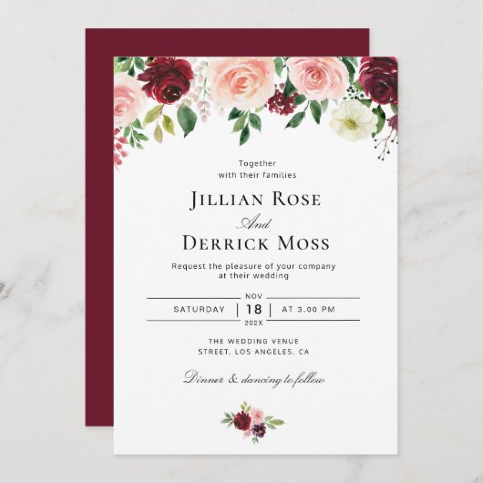 Invitation fleurs d'aquarelle rose vif et bordeaux mariage (Devant / Derrière)