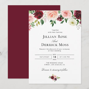 Invitation fleurs d'aquarelle rose vif et bordeaux mariage