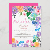 Invitation Fleurs d'aquarelle rose vif gras mariage (Devant / Derrière)