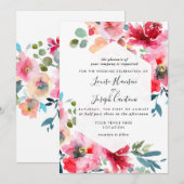 Invitation Fleurs d'aquarelle Roses de jardin, Mariage rouge (Devant / Derrière)