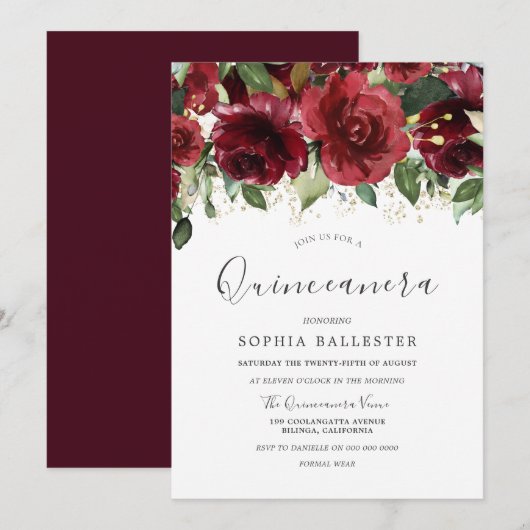 Invitation Fleurs d'aquarelle rouge Bourgogne Quinceanera Par (Devant / Derrière)
