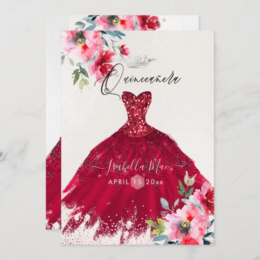 Invitation Fleurs d'aquarelle rouge de Quinceanera (Devant / Derrière)