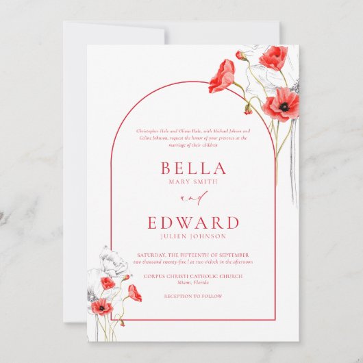 Invitation Fleurs d'aquarelle rouge du pavot moderne Mariage  (Devant)