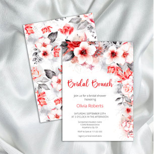Invitation Fleurs d'aquarelle rouge et gris Brunch nuptial