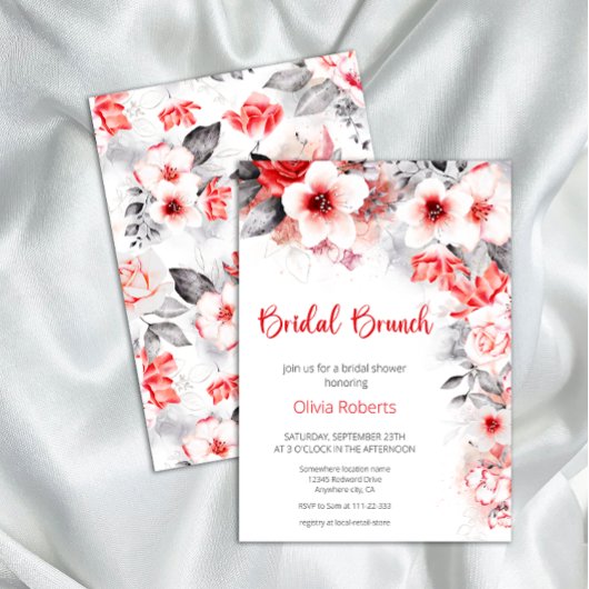 Invitation Fleurs d'aquarelle rouge et gris Brunch nuptial