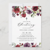 Invitation Fleurs d'aquarelle rouge et violet Christening (Devant)