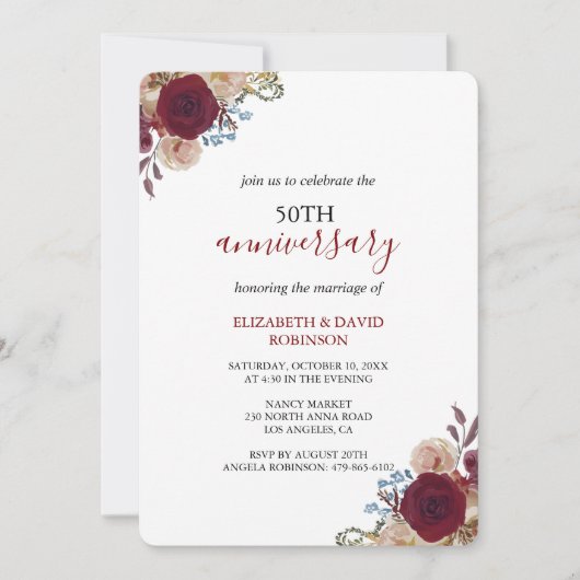 Invitation Fleurs d'aquarelle rouge mariage 50e anniversaire (Devant)