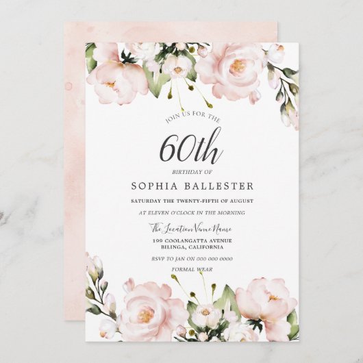Invitation Fleurs d'aquarelle rousse 60e fête d'anniversaire (Devant / Derrière)