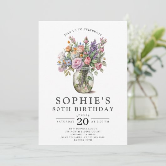Invitation Fleurs d'aquarelle rustique 80e anniversaire (Debout devant)